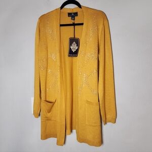 NWT Seven Manor Rhinestone Open Front Cardigan Marigold Mustard Yellow Size L
